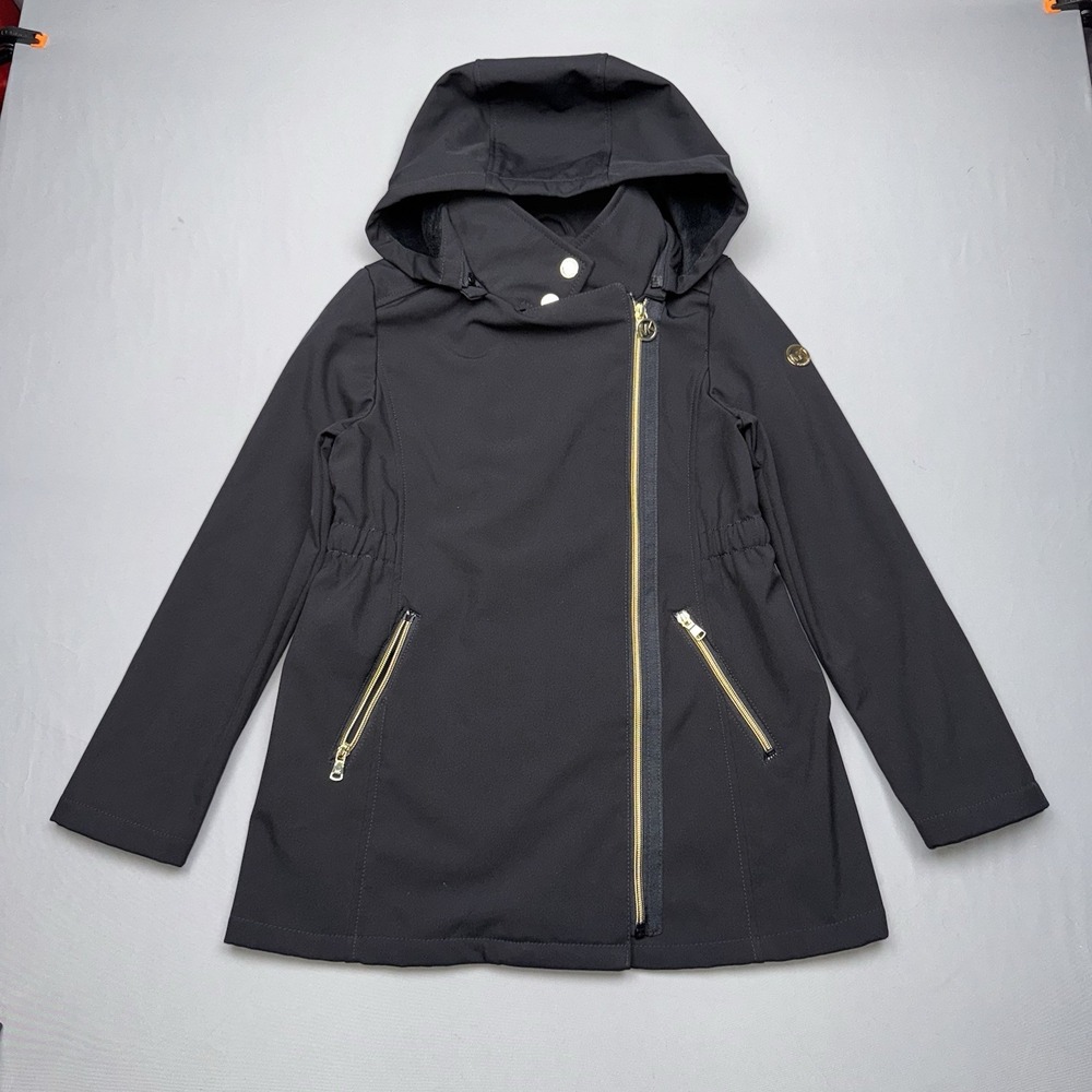 Michael Kors All Weather Jacket Girls 10/12 Black Gold Zip Fleece Line Hood